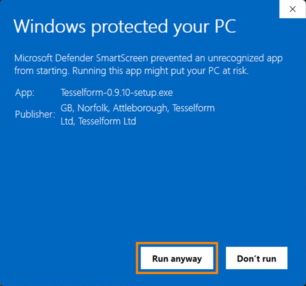 The blue Windows protected your PC message for the Tesselform installer, showing Publisher: Tesselform Ltd, with the Run anyway button outlined